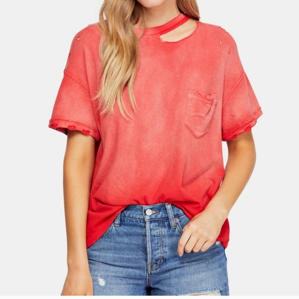 Free People we the free Lucky distressed tee in cosmic red